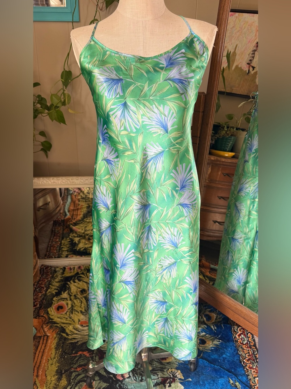 VTG Y2K Secret Treasures Green Tropical Satin Maxi Slip Dress Gown Women’s Med